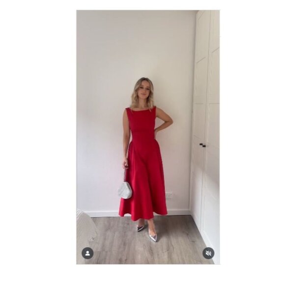 Helsa Stretch Cotton Sateen Midi Dress in Red Small New Womens Aline Fit n Flare - Picture 11 of 16